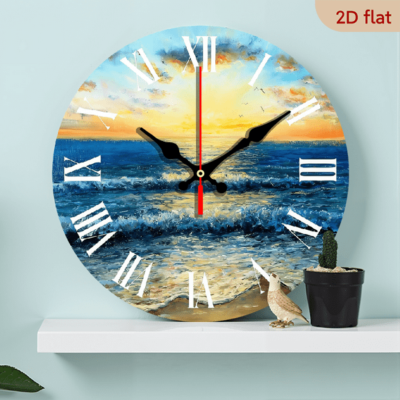 Wllo0ord 2D Flat 1pc 10Inch Wooden Nautical Coastal Wall Clock 'Morning Light On The Ocean Waves I' Blue Round Wall Clock for Bedroom Decor