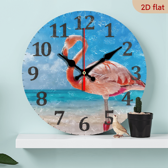 Wllo0ord 2D Flat 1pc 10Inch Wooden Pink Flamingo Ocean Wall Clock, Round Silent Non-Ticking Quartz Battery Operated Wall Clocks for Living Room Kitchen Bedroom Bathroom