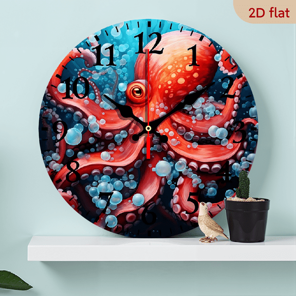 Wllo0ord 2D Flat 1pc 10Inch Wooden Red Octopus Clock Nautical Style Modern Wood Wall Clock Quartz Non Ticking Bathroom Kitchen Living Room Bedroom Arabic Numbers 10 Inch Round Unique Gifts Presents