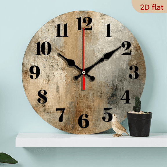 Wllo0ord 2D Flat 1pc 10Inch Wooden Round Wall Clock - Silent Non-Ticking Modern Minimalist Design with Beige Black Textured Face, Red Second Hand, Battery Operated (AA Not Included)