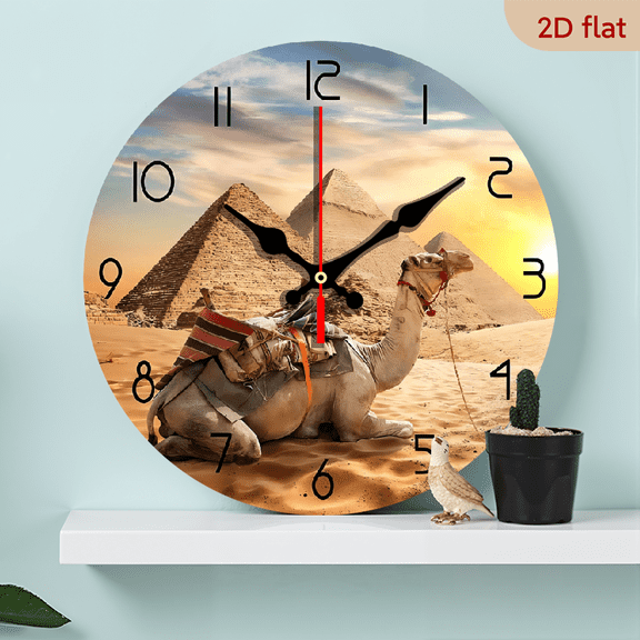 Wllo0ord 2D Flat 1pc 10Inch Wooden Sahara Animals Sunset Desert Camel Silent Wall Clock Egypt Pyramids Egyptian Architecture Home Decor Quiet Watch Africa Travel Gift