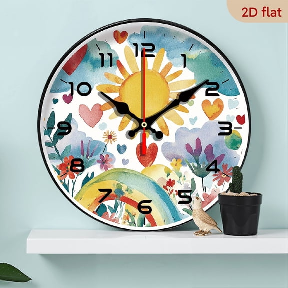 Wllo0ord 2D Flat 1pc 10Inch Wooden Silent Wall Clock Fantasy Theme - Colorful Sun and Love Heart Pattern Design, Suitable for Living Room, Bedroom, Funny Style Decoration, Fun Home Decor