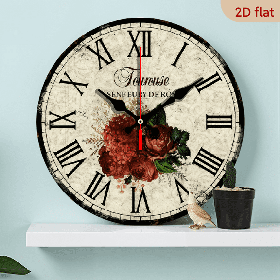 Wllo0ord 2D Flat 1pc 10Inch Wooden Toulouse Senteurs De Rose Round Wall Clocks Spring Botanical Wall Clock Non-Ticking Battery Operated Shabby Chic Farmhouse Wall Clock Decorative for Living Room