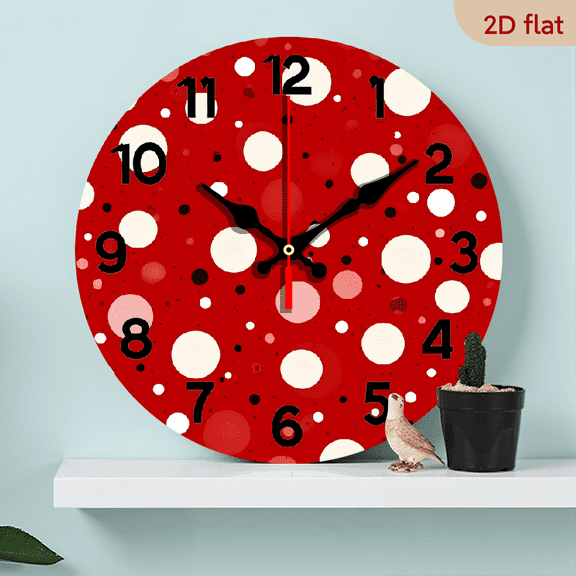 Wllo0ord 2D Flat 1pc 10Inch Wooden Wall Clock Red White Polka Dot Clock Battery Operated Wall Clocks Silent Non-Tcking Round Wallpaper for Lving Room Round Decorative Wall Clock for Kitchen Home