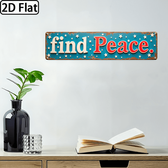Wllo0ord 2D Flat, 1pc 4x16 Inch Sign Vintage Find Peace Motif with Distressed Lettering Stars, Rustic Blue Background, Printing for Durable Indoor Outdoor Wall Decor Studio, Home, Office