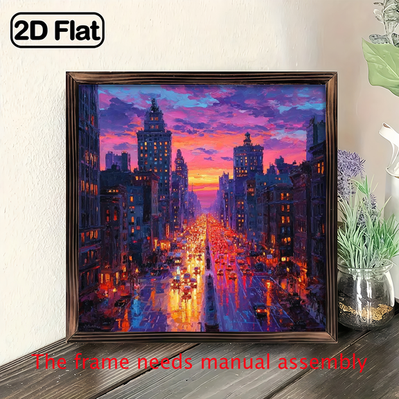 Wllo0ord 2D Flat, 1pc 8*8 inch Framed Painting on Wood, City Sunset Landscape, Perfect for Home Decoration, Birthday, Father's Day, Mother's Day Gifts, Creative Gift Idea, Birthday Present