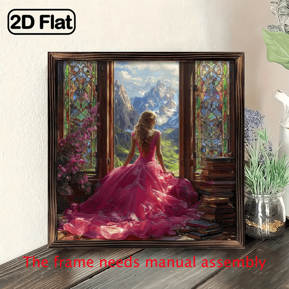 Wllo0ord 2D Flat, 1pc 8*8 inch Framed Painting on Wood, Elegant Princess in Pink Gown, Romantic Mountain View Stained Glass Window Scene with Floral Frame, Ideal for Anniversary Home Decor
