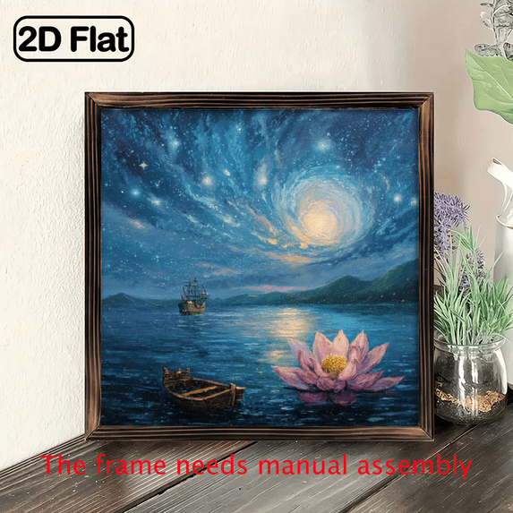 Wllo0ord 2D Flat, 1pc 8*8 inch Framed Painting on Wood, Serene Night Sky with Pink for Lotus Flower Boat on Blue Waters, Tranquil Blue Golden Night Scene Painting, Perfect for Family Bonding