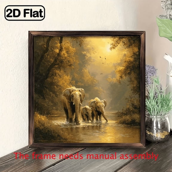 Wllo0ord 2D Flat, 1pc 8x8 Inch Framed & Wall Art, Elephant Family Canvas Art Print with Frame, Wildlife Scene Wall Decor, High-Quality Recycled Wood, Easy-to-Hang Hooks, Perfect for Home or Office