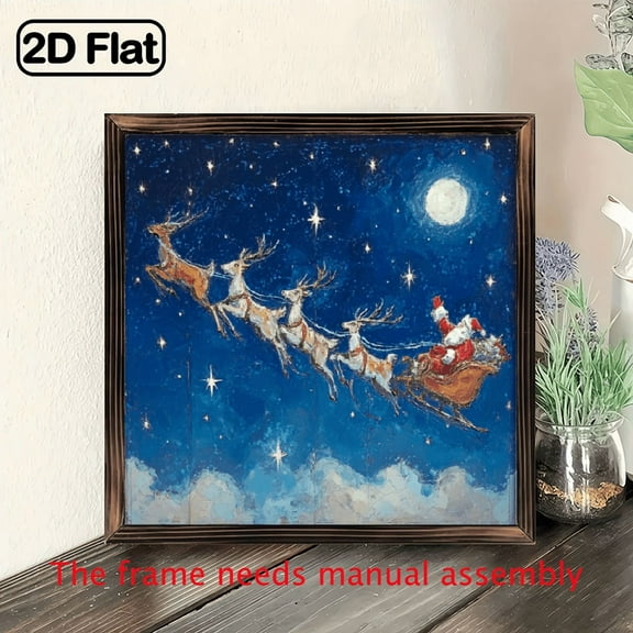 Wllo0ord 2D Flat, 1pc 8x8 Inch Vintage Santa Reindeer Sleigh Christmas Wall Art Sign Wooden Print Metal Wall Decor with Starry Night Sky Snowflakes, Easy Wall-Mounted Holiday Decoration for Kitchen