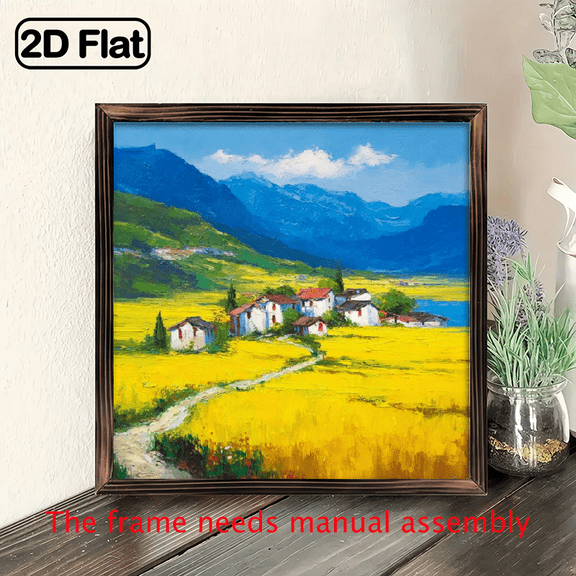 Wllo0ord 2D Flat, 1pc 8x8 inch Rustic Farmhouse Framed Wall Art Oil Painting Style Golden Field Landscape with Wildflowers, Country Cottage Mountain Scene, Wooden Wall Plaque for Living Room, Office