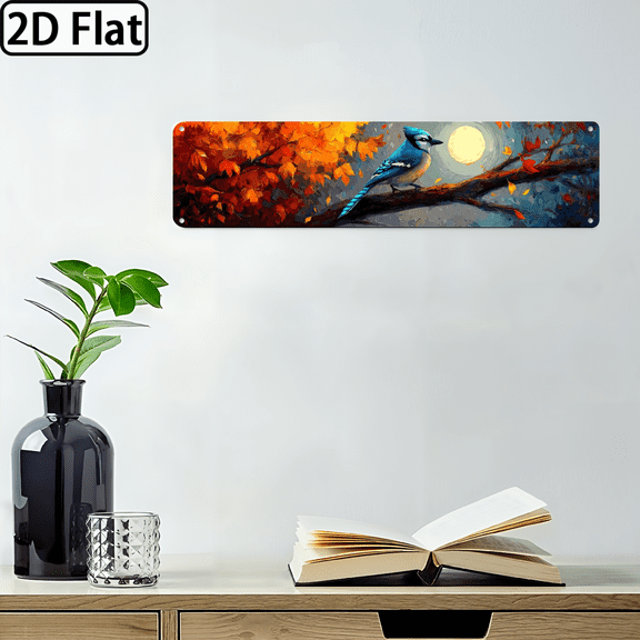 Wllo0ord 2D Flat, 1pc Blue Jay Moonlight Metal Wall Art Sign Modern Classic Indoor Decoration with Vibrant Blue Golden Leaf Design, Blue Jay Bird on Branch for Kitchen, Living Room, 4*16 inch