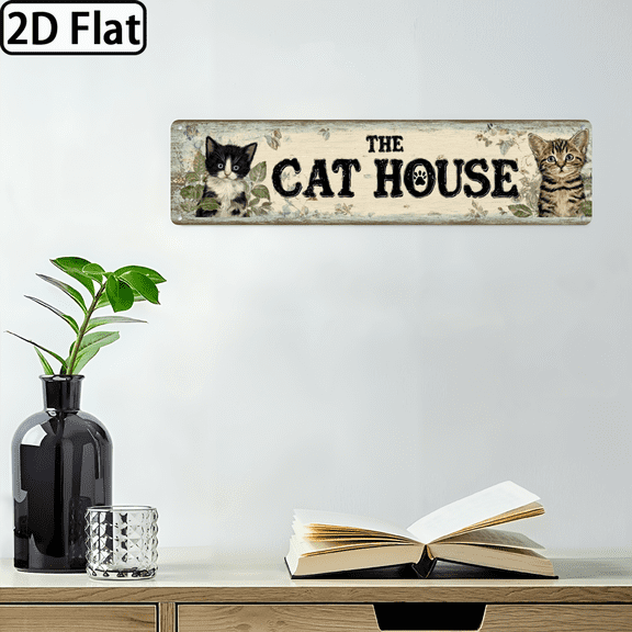 Wllo0ord 2D Flat, 1pc THE CAT HOUSE Vintage Metal Wall Decor - Rustic Farmhouse Cat House Sign with Distressed Finish, Cute Kitty Decoration for Home, Kitchen, Garage, Porch, Garden 4*16 inch