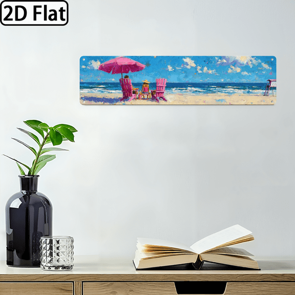Wllo0ord 2D Flat, 1pc Coastal Beach Metal Wall Art Sign Turquoise Waters Pink Umbrella Adirondack Chairs, White Sand Dunes Lifeguard Tower Design, Durable Indoor Decoration for Summer 4*16 inch