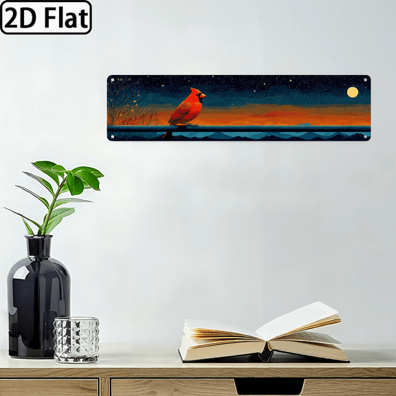 Wllo0ord 2D Flat, 1pc Extra Long Narrow Metal Wall Decor Red Robin Bird in Moonlit Night Sky with Golden Accent Indoor Decoration Easy Hang with Adhesive Screws for Home, Garden, Balcony 4*16 inch