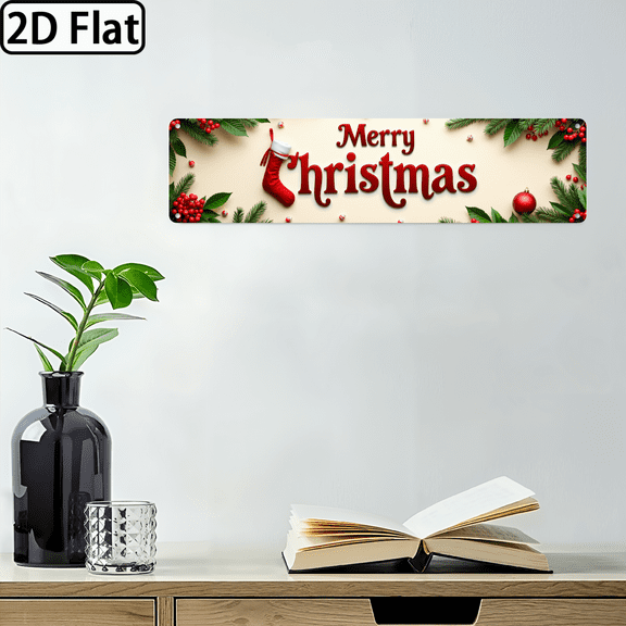 Wllo0ord 2D Flat, 1pc Heavy-Duty Metal Christmas Plaque Sign Merry Christmas in Elegant Cursive Lettering with Holly, Pine Snowflake Design Holiday Decoration for Mantel, Door, Wall 4*16  inch