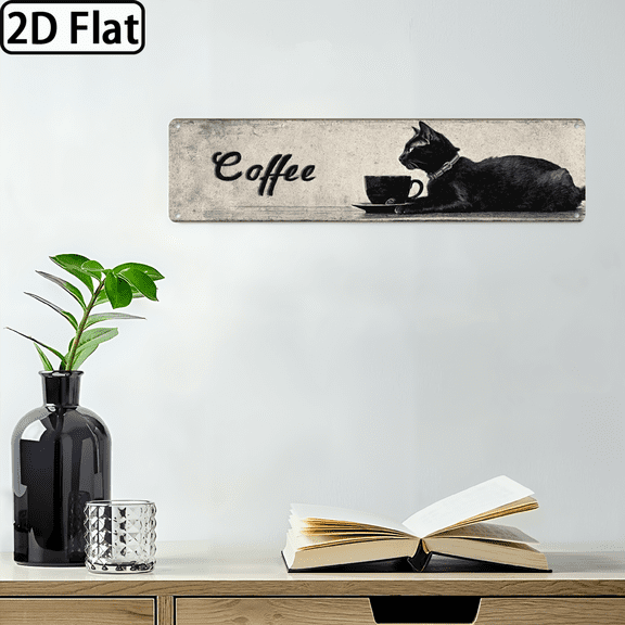 Wllo0ord 2D Flat, 1pc Humorous Black Cat Coffee Sign 4x16 Inch Metal Wall Art, Whimsical Decor for Kitchen or Bedroom, Perfect for Room Decor