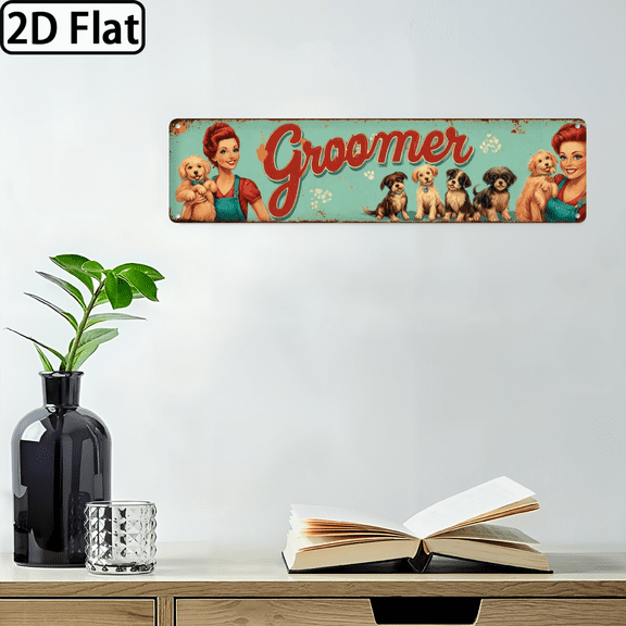 Wllo0ord 2D Flat, 1pc Retro Metal Plaque Wall Art Pet Groomer with Cute Poodle Design, Vintage Iron Sign 16*4 Inch, Indoor Outdoor Decor for Home, Office, Cafe Grooming Shop Art Playful Dog Design