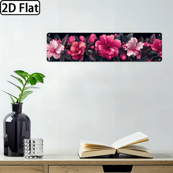 Wllo0ord 2D Flat, 1pc Retro Style Metal Tin Sign Wall Decor - 4x16 Inch, Vibrant Pink White Flowers Design, 2D Flat Printing, Ideal for Home, Cafe, Beach, Farmhouse, Bathroom, Patio, Deck, Porch