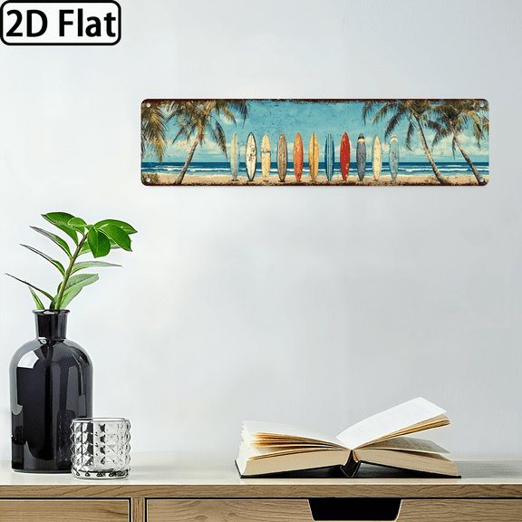 Wllo0ord 2D Flat, 1pc Room Decor Surfboard Wall Art, Metal Sign, Tropical Beach Scene, Ocean Themed Home Decor for Bedroom and Surf Club, Beach Theme Decor, Perfect for Room Decor 4*16 inch
