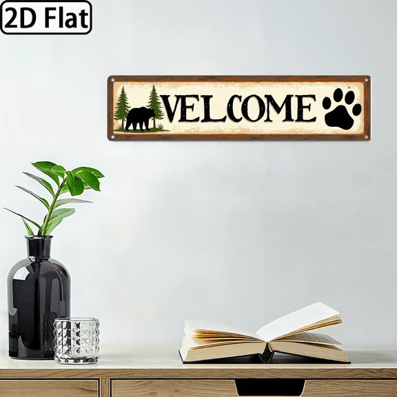 Wllo0ord 2D Flat, 1pc Rustic Silhouette Metal Wall Art Vintage Cabin Decor with Forest Wilderness Theme, 4x16 Inch for Bathroom, Living Room, Bedroom Brown Tones, Wall Mounted, Home Deco