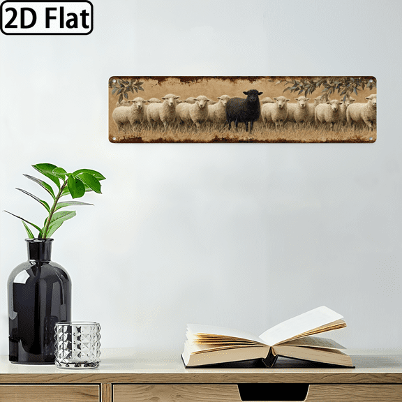 Wllo0ord 2D Flat, 1pc Rustic Farmhouse Metal Wall Decor Black Sheep Herd in Meadow Pasture Large 4*16 Inch Easy Hang Pre-Drilled Holes Vintage Farmhouse Living Room, Kitchen, Entryway Decoration