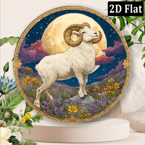 Wllo0ord 2D Flat, 1pc Rustic Goat-Themed 8x8_ Round Aluminum Wall Decor - Vibrant Moonlit Mountain Scene with Floral Accents, Durable Easy to Hang - Ideal for Home, Office, Caf, Bar