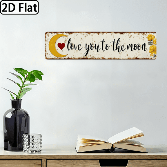 Wllo0ord 2D Flat, 1pc Rustic Love You to the Moon and Back Metal Wall Decor Sign - Vintage Farmhouse Style Iron Heart Moon Design with _Love You to the Moon and Back_ Text, Wedding, Anniversary