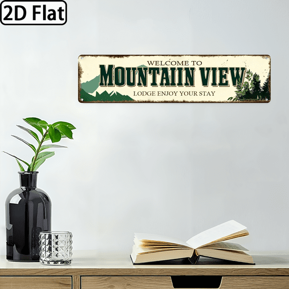 Wllo0ord 2D Flat - 1pc Rustic Mountain View Lodge Metal Sign - Vintage Wall Decor with Pine Trees Mountain Landscape, 16_4in, Perfect for Living Room, Bedroom, Cabin, Farmhouse