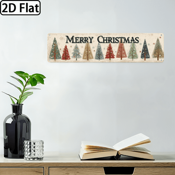 Wllo0ord 2D Flat, 1pc Rustic Vintage Christmas Metal Wall Decor Sign 4*16 Inch Iron Farmhouse Style with Snowflake Tree Design, 2D Flat Printing for Living Room, Bedroom, Kitchen - Holiday Gift