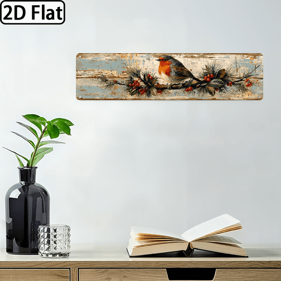 Wllo0ord 2D Flat, 1pc Scandinavian Bird Wall Art Modern Boho Inspired, Rustic Robin Pine Design with Red Berries, Stylish Decor for Living Spaces, Home Decor, Perfect for Room Decor 16*4inch