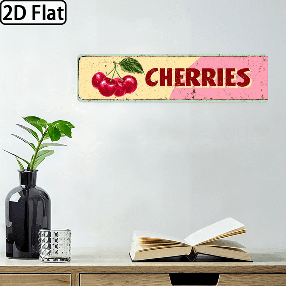 Wllo0ord 2D Flat, 1pc Vintage Cherry Metal Wall Art Sign - Rustic Farmhouse Decor with Country Pink Background Red Cherries, 4x16 Inch Durable Aluminum Sign for Kitchen, Garden, Cafe - Holiday Decor