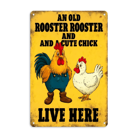 Wllo0ord 2D Flat, 1pc Vintage Chicken-Themed Metal Wall Art Sign - Farmhouse Decor with Rooster Hen, _An Rooster Chicken Live Here_ Saying, 8x12 Inch Rustic Tin Painting for Country, Bar, Cafe