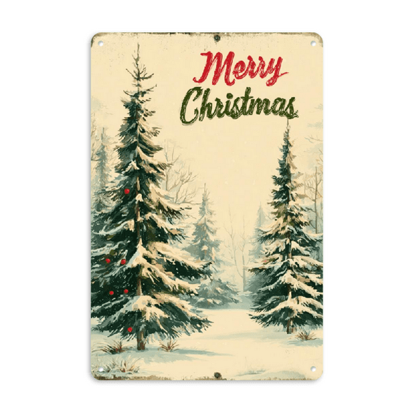 Wllo0ord 2D Flat, 1pc Vintage Christmas Wall Art Decor - Rustic Iron Metal Tin Sign with Merry Christmas Script, Snowy Pine Trees Red Ornaments - 8x12 Inch Indoor/Outdoor Holiday Decoration