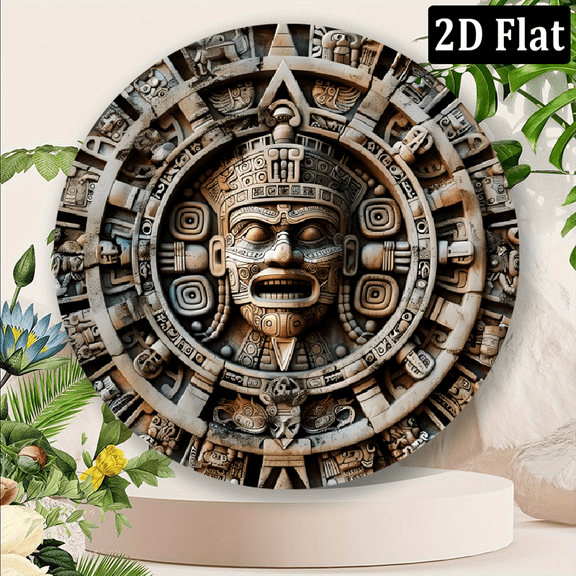 Wllo0ord 2D Flat, Mayan Culture Carvings Wall Art - 8x8 Inch Round Aluminum Metal Sign with Tropical Tribal Design, Lightweight Durable Wall Decor for Home Cafe Restaurant, Mother’s Day Gift