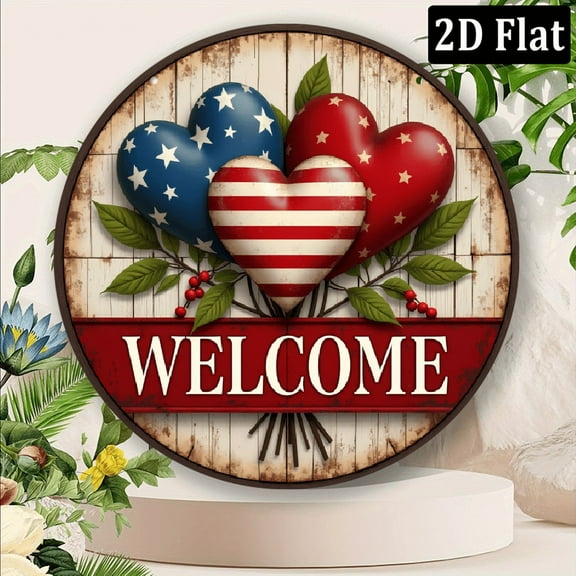 Wllo0ord 2D Flat, Patriotic Heart Welcome Sign - 8x8 Inch Aluminum 4th of July Hanging Door Decor with American Flag & Rustic Wood Design, Memorial Day Outdoor Wall Art for Porch, Home, Independence