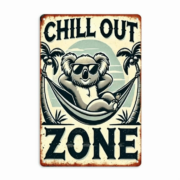 Wllo0ord 2D Flat, Vintage Chill Out Zone Tin Sign Wall Art - 12x8 Inch Retro Iron Metal Decor with Koala in Hammock & Palm Trees Design for Bedroom, Living Room, Beach Cottage - Tropical Relaxation