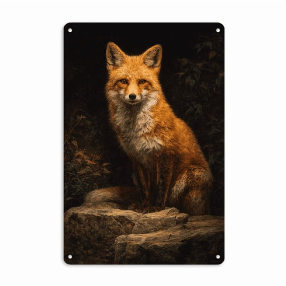 Wllo0ord 2D Flat Vintage Golden Framed Fox Wooden sign - Antique Animal Oil Painting Wall Art, Dark Boho Country Home Decor, 12_8in Textured Canvas, Rustic Fox Art for Living Room, Bedroom, Office