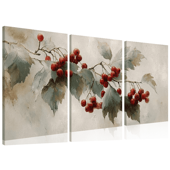 Wllo0ord 2D Rustic Holly Still Life Canvas Wall Art- Christmas Decor, Vintage-Inspired Home Decoration, Ideal Holiday Gift for Everyone, Ready to Hang Wrapped Canvas 12*16inch*3pcs