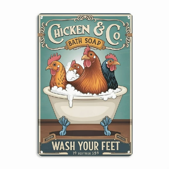 Wllo0ord 8x12 Inch Rustic Metal Farmhouse Tin Sign - Vintage Chicken & Bath Art Wall Decor with _Wash Your Feet_ Text, Country Bathroom, Hen House & Farmhouse Wall Art, Easy to Hang Durable Metal