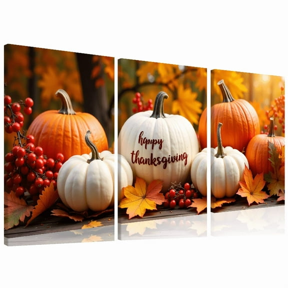 Wllo0ord Happy Thanksgiving" Vertical Canvas Print with Pumpkins Autumn Leaves - High-Definition, Semi-Gloss Artwork for Festive Home Decor, Sizes Available, Thanksgiving Decorations 12*16inch*3pcs