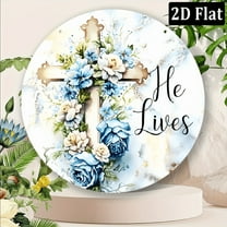 Wllo0ord He Lives Cross with Blue Floral Wreath Metal Sign - 8 Inch Round Easter Christian Religious Decor, Weather-Resistant Indoor_Outdoor Door Hanger Plaque, No Electricity Needed, Serene Decor
