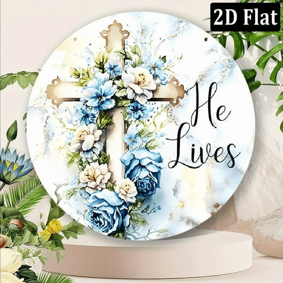 Wllo0ord He Lives Cross with Blue Floral Wreath Metal Sign - 8 Inch Round Easter Christian Religious Decor, Weather-Resistant Indoor_Outdoor Door Hanger Plaque, No Electricity Needed, Serene Decor