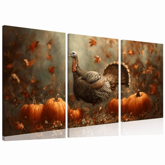 Wllo0ord Rustic Autumn Turkey and Pumpkin Canvas Wall Art, Realistic Fall Leaves Print, Earth Tone Home Decor, Framed Aesthetic Artwork, Ready to Hang 12*16inch*3pcs
