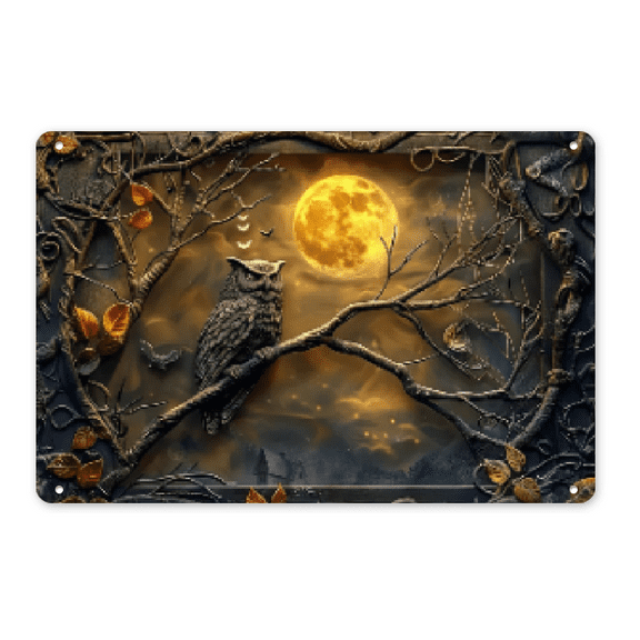 Wllo0ord Vintage Golden Moon Owl Metal Wall Art 8×12 Rustic Tin Sign for Home Dcor, Woodland Wildlife Owl Wall Decor