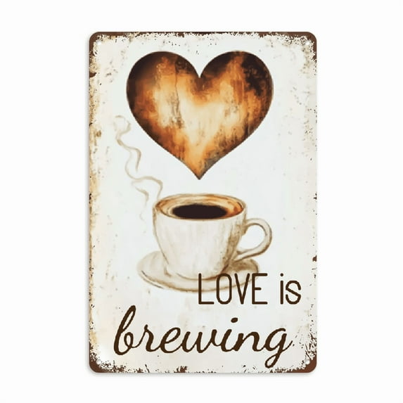 Wllo0ord Vintage 'Love is Brewing' Tin Sign - Rustic Coffee Wall Decor with Heart-Shaped Coffee Cup Design, Ideal for Kitchen or Coffee Shop, Durable Tinplate Material, Coffee Bar Accessories