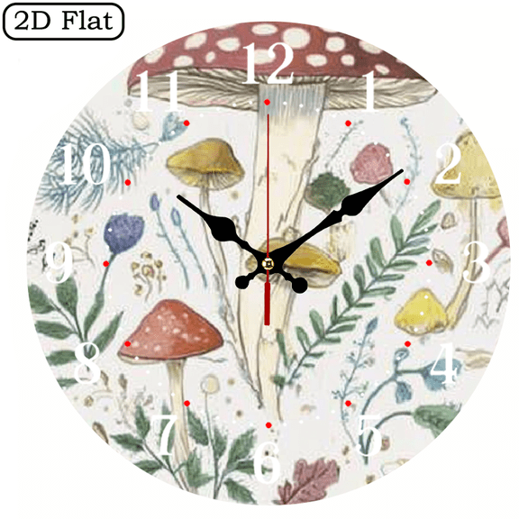 Wllo0ord Wall Clock, mushroom Print, Silent Mechanical Movement, Perfect for Living Room, Dorm, Bedroom, Kitchen, Home Office & More
