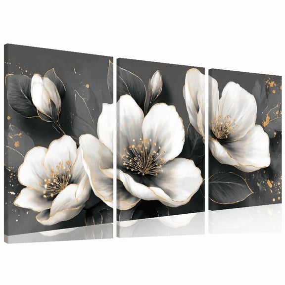 Wllo0ord  odern Abstract Canvas Wall Art - Elegant White Flowers with Golden Accents, Dark Background Contrast, High-Quality Print for Living Room Bedroom, 2D Flat 12*16inch*3pcs
