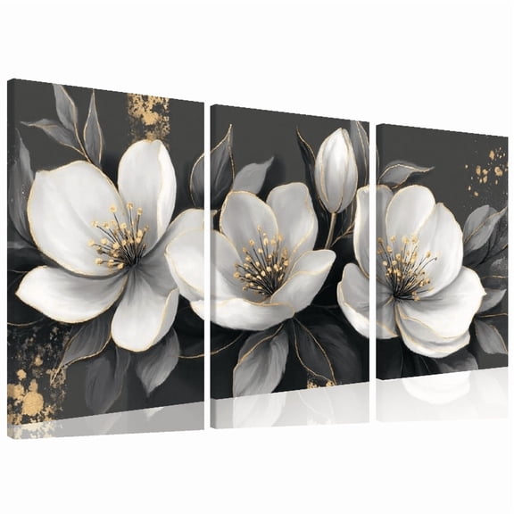 Wllo0ord  odern Abstract Canvas Wall Art - Elegant White Flowers with Golden Accents, Dark Background Contrast, High-Quality Print for Living Room Bedroom, 2D Flat 12*16inch*3pcs