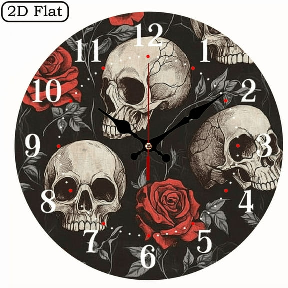 Wllo0ord skulls roses gothic art Round Wooden Wall Clock for Home Decor Silent Mechanical Movement, Wall art Decor Perfect for Living Room, Dorm, Bedroom, Kitchen, Home Office & More